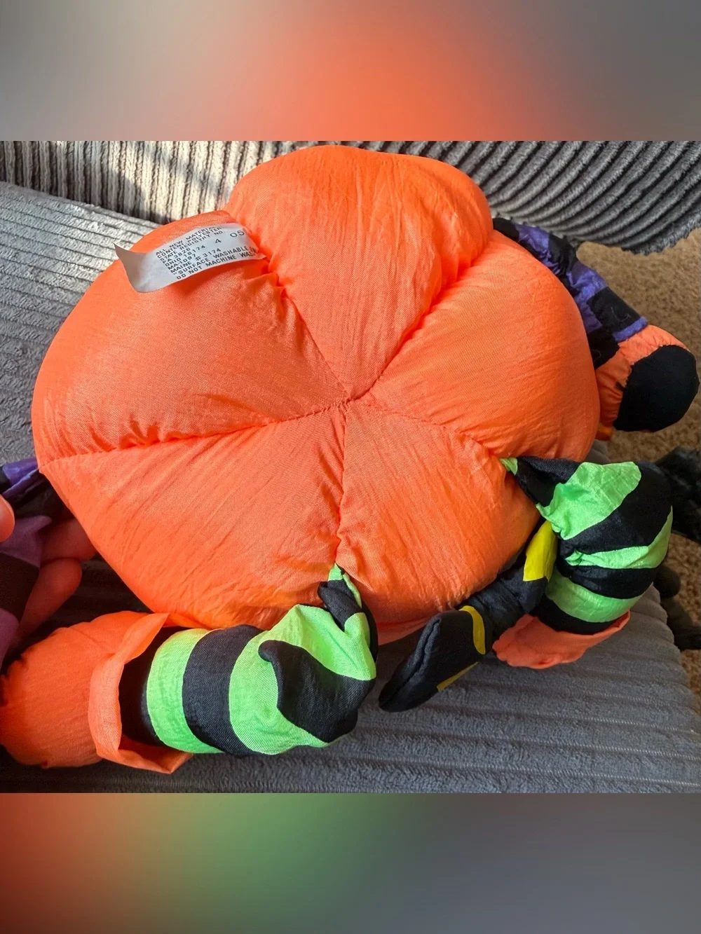 VTG Stuffins Halloween Pumpkin Nylon Sitter Spider Fall Striped Legs Plush Decor
